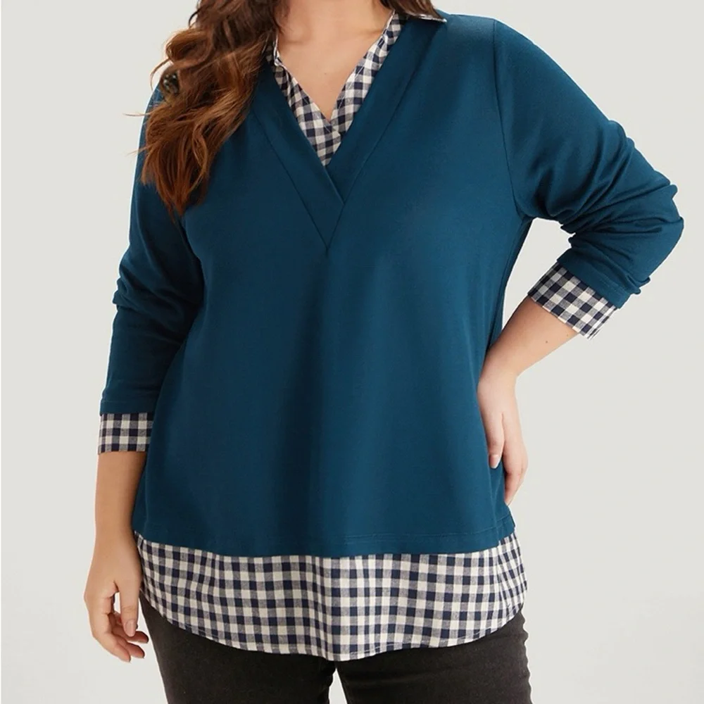 BloomChic Teal Blue And Check Pattern Layered Look Long Sleeve Top Plus 2X 6X - Picture 1 of 7